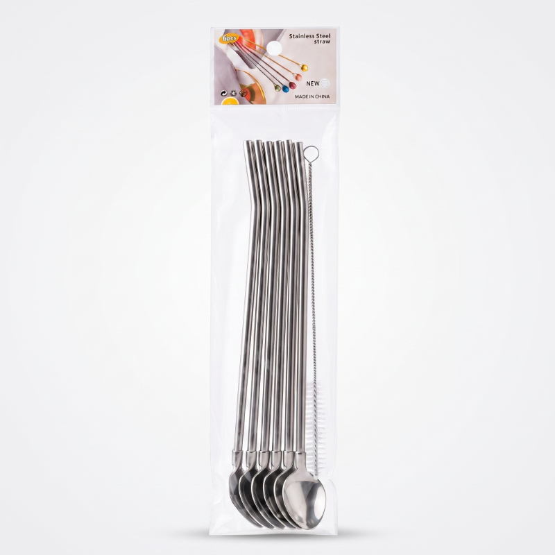 6’lı Kaşıklı Pipet Seti - Metal - Pipet Temizleme Fırçası