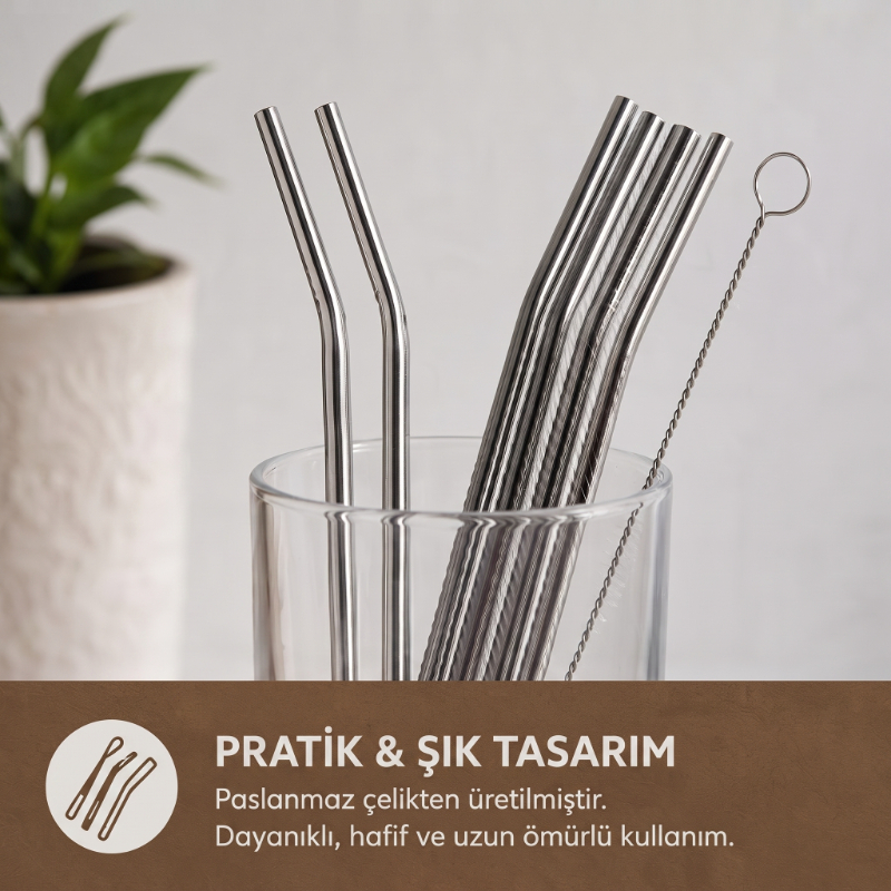 6’lı Kaşıklı Pipet Seti - Metal - Pipet Temizleme Fırçası