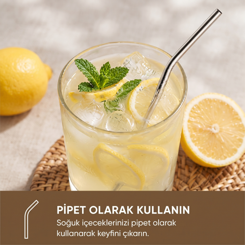 6’lı Kaşıklı Pipet Seti - Metal - Pipet Temizleme Fırçası