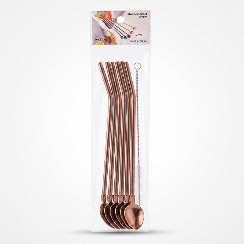 6’lı Kaşıklı Pipet Seti - Bronz - Pipet Temizleme Fırçası