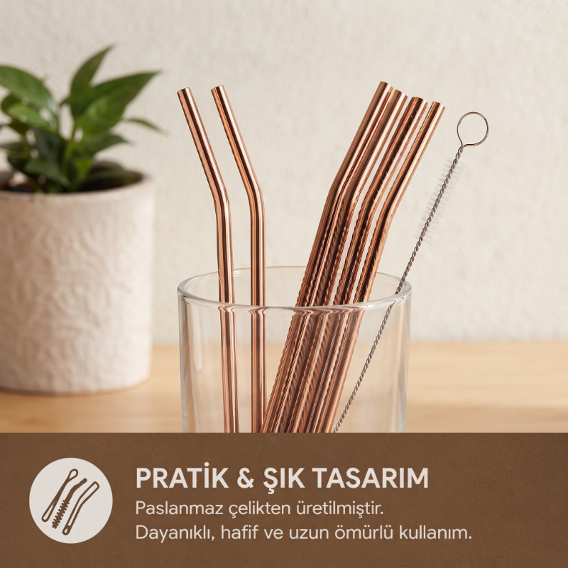 6’lı Kaşıklı Pipet Seti - Bronz - Pipet Temizleme Fırçası