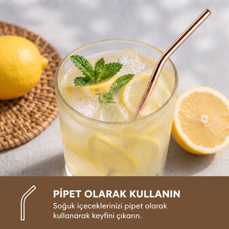 6’lı Kaşıklı Pipet Seti - Bronz - Pipet Temizleme Fırçası