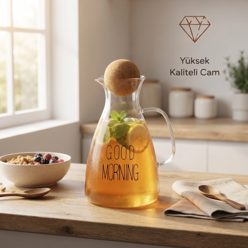 Yuvarlak Mantar Kapaklı Sürahi - 1500 ml - Yüksek Kaliteli Cam