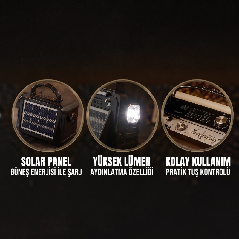 Nostalji Müzik Kutusu - Solar Panelli - Şarjlı - AUX Girişi - LED Fener - Bluetooth