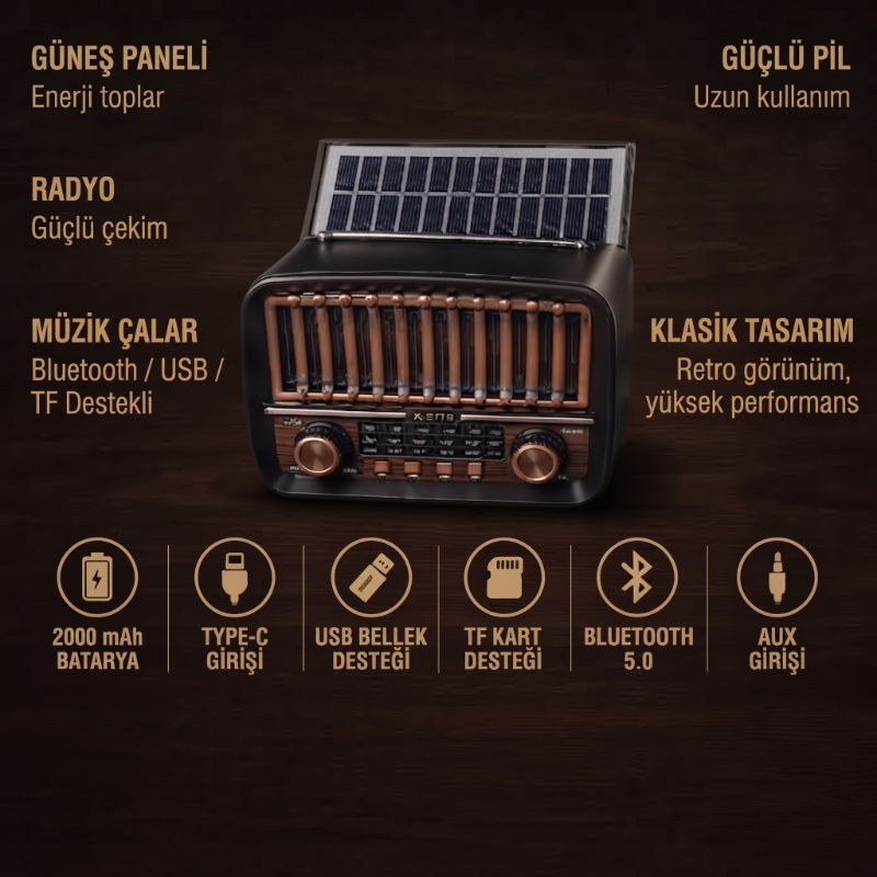 Solar Panelli FM Radyo - Şarjlı - Bluetooth Özellikli - AUX Girişli - Nostaljik Tasarım