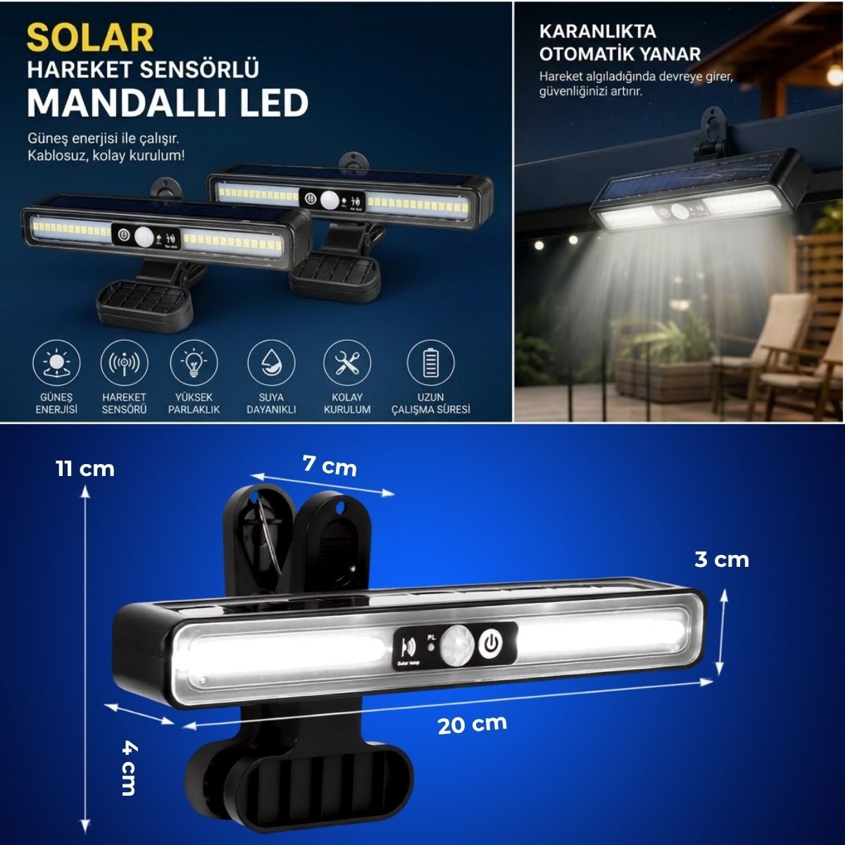 2’li Mandallı LED Solar Lamba - 36 LED - Hareket Sensörlü - 3 Modlu