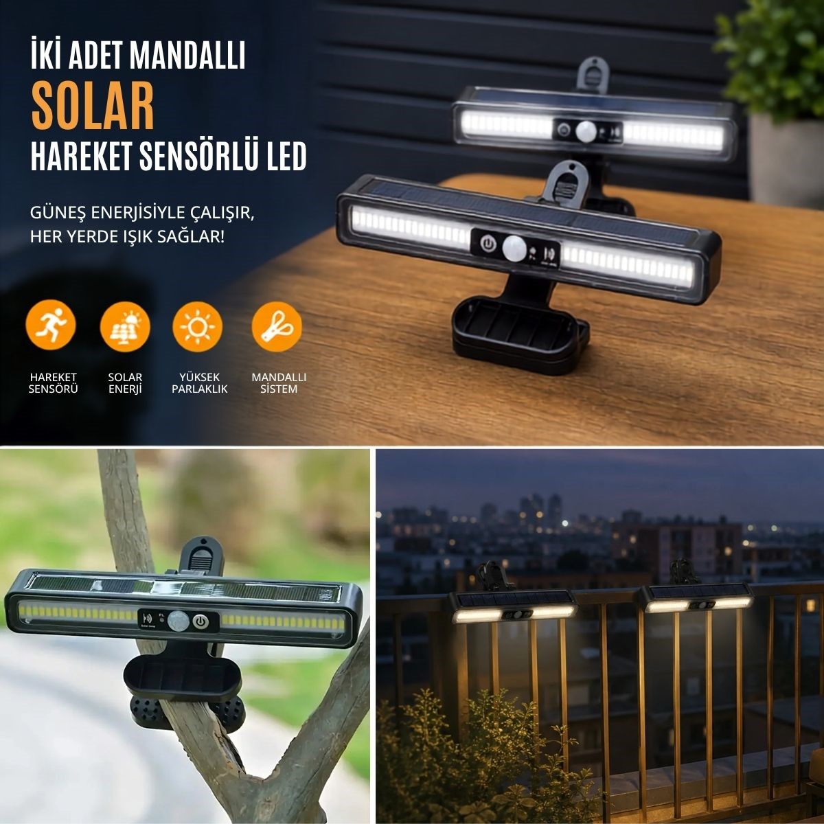 2’li Mandallı LED Solar Lamba - 36 LED - Hareket Sensörlü - 3 Modlu