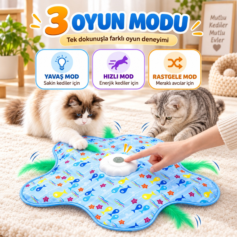 Hareketli İnteraktif Kedi Oyun Matı - USB Şarjlı - 3 Oyun Modu