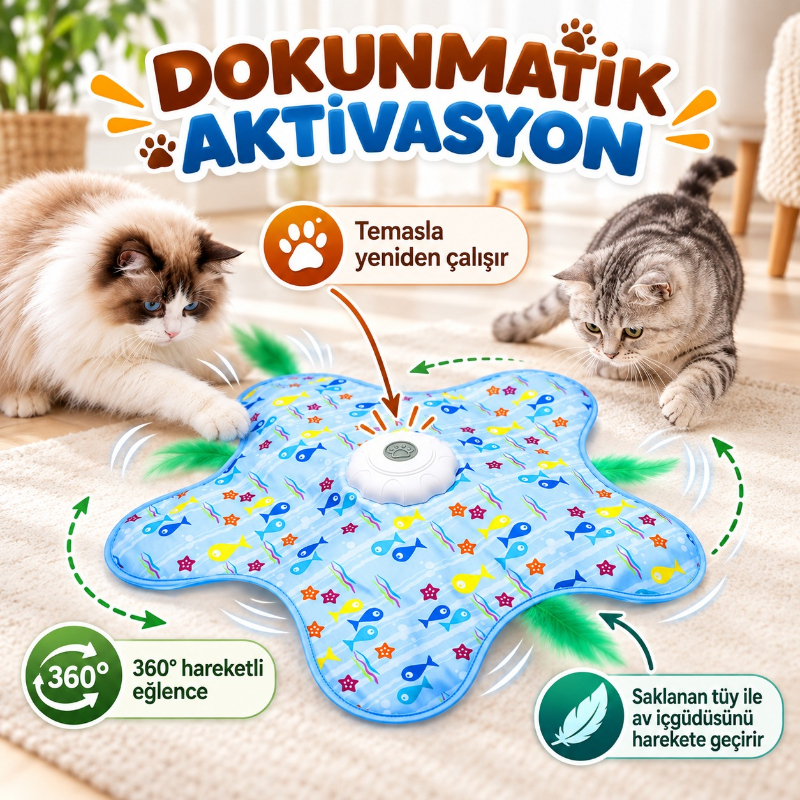 Hareketli İnteraktif Kedi Oyun Matı - USB Şarjlı - 3 Oyun Modu