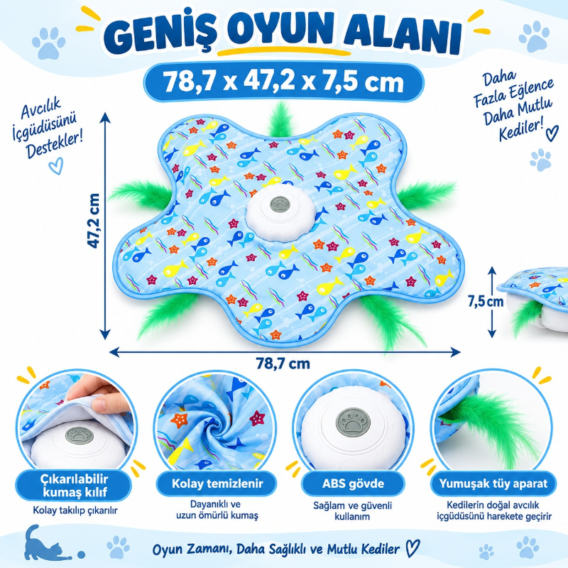 Hareketli İnteraktif Kedi Oyun Matı - USB Şarjlı - 3 Oyun Modu