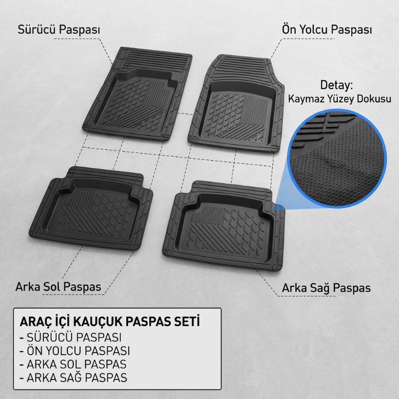 Araç İçi Paspas Seti - 4’lü Set - Karışık Desenler - Kauçuk - Kaymaz Yüzey