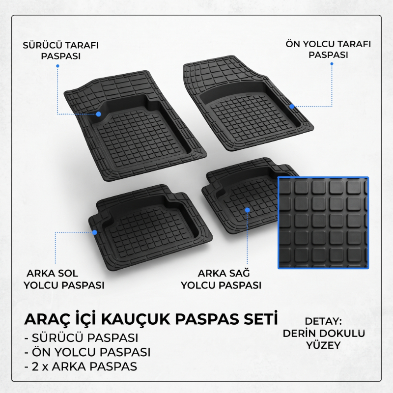 Araç İçi Paspas Seti - 4’lü Set - Karışık Desenler - Kauçuk - Kaymaz Yüzey
