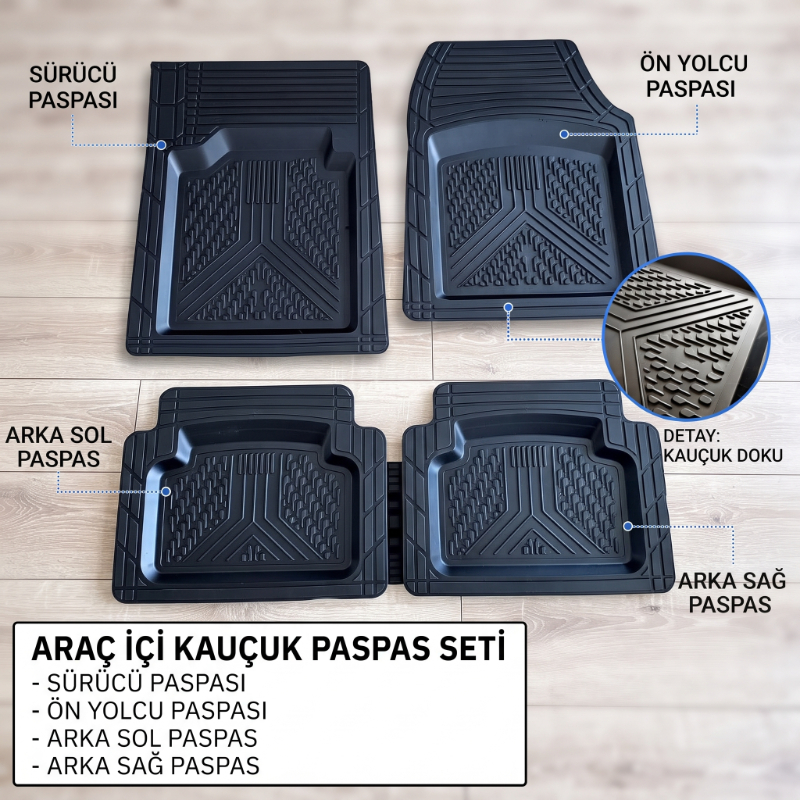 Araç İçi Paspas Seti - 4’lü Set - Karışık Desenler - Kauçuk - Kaymaz Yüzey