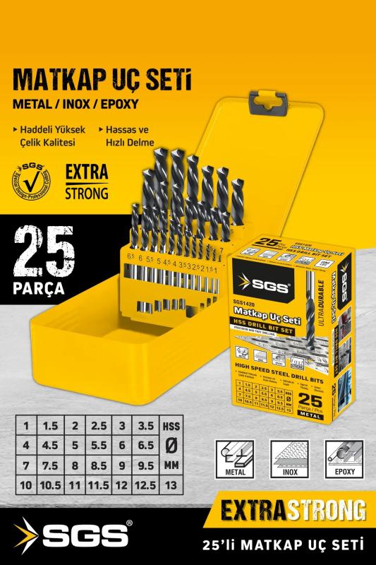 25 Parça HSS Lüks Standa Dönüşebilen Kutulu Matkap Ucu Seti SGS 1420