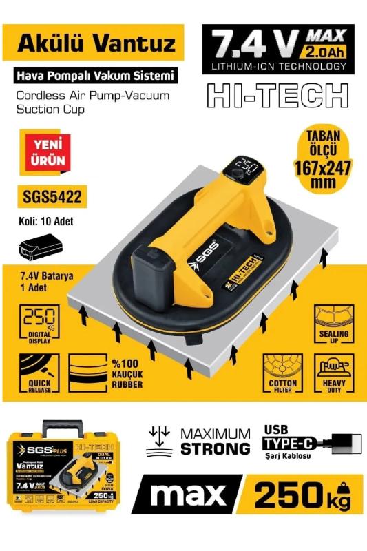 250 KG Akülü Vakumlu Seramik Ahşap Cam Taşıma Vantuzu 7,4 Volt 2 Amper SGS5422
