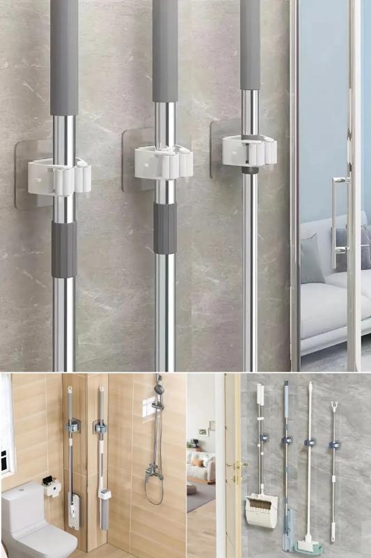 4 Adet Pratik Yapışkanlı Mop Tutucu Çok Amaçlı Banyo Mutfak Eşya Tutucu Beyaz