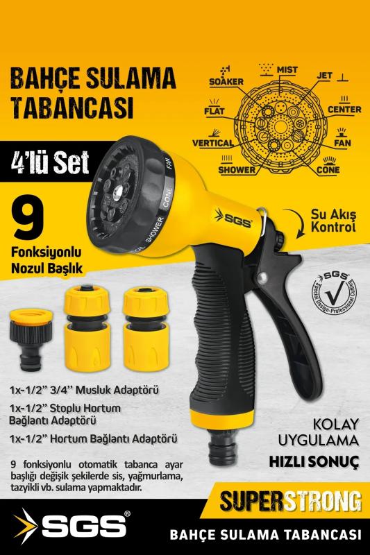 4 Parça 9 Fonksiyonlu Bahçe Sulama Tabancası Seti