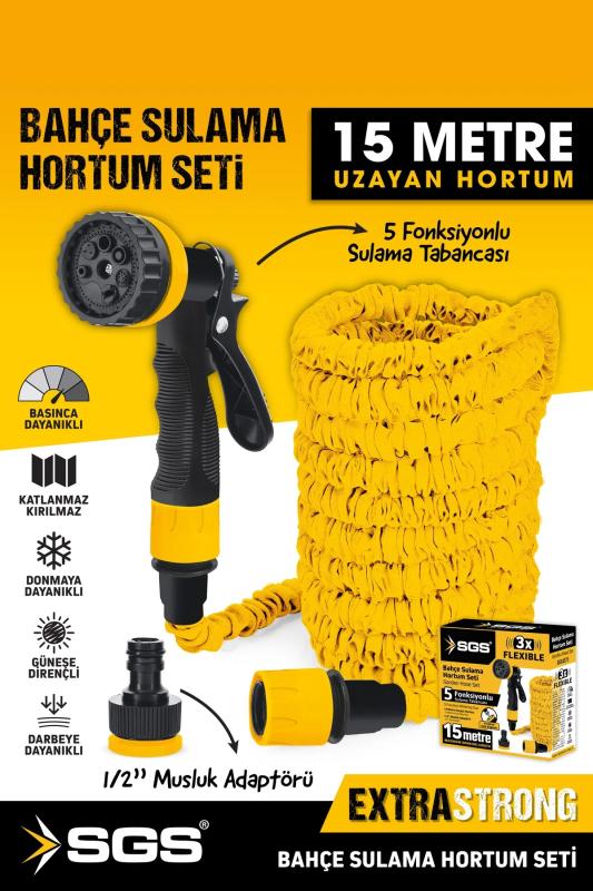 5 Fonksiyonlu 15 Metre Uzayabilen Hortum Bahçe Sulama Hortum Seti Araç Yıkama Hortum ve Tabancası