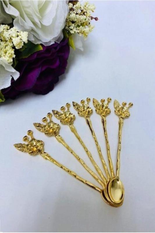 Biterse 6 Adet Çay Kaşığı Japon Çiçeği Tasarımlı Gold Renk