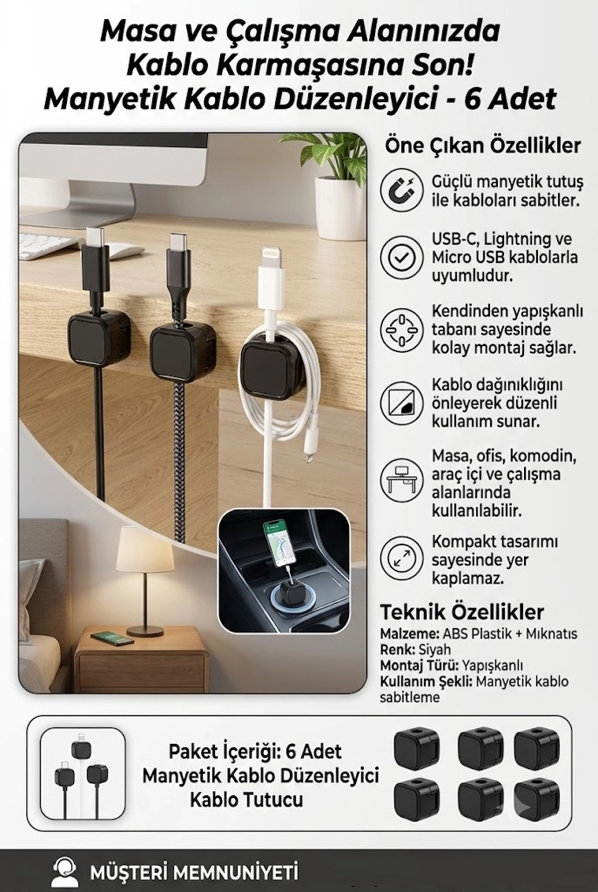 6 Adet Manyetik Kablo Düzenleyici Kablo Tutucu Siyah