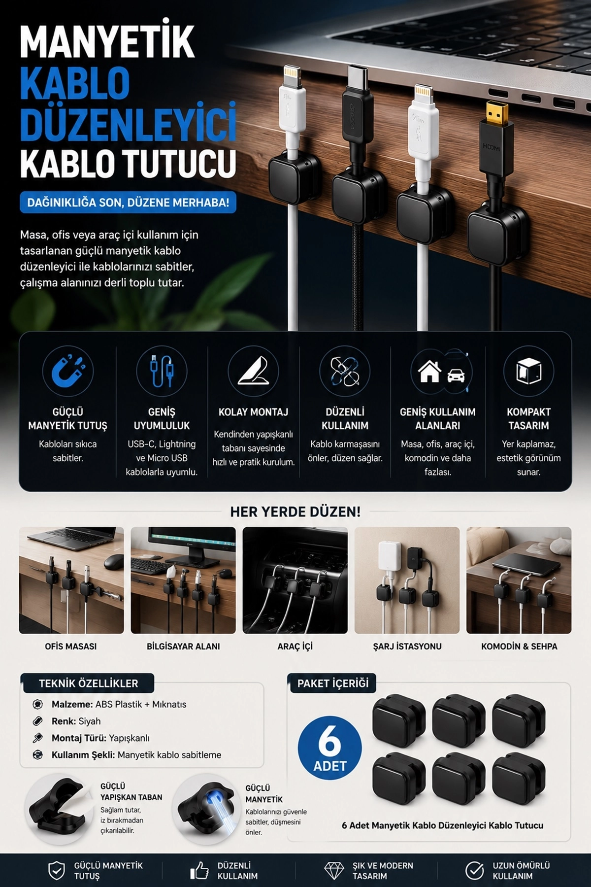 6 Adet Manyetik Kablo Düzenleyici Kablo Tutucu Siyah