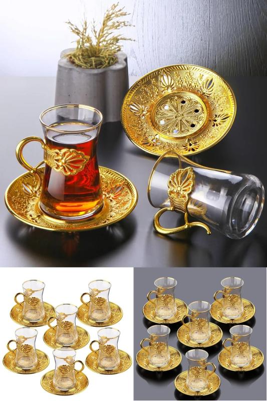 6 Kişilik Lüks 18 Parça Sefa Çay Seti Otantik Çay Bardağı Takımı Gold