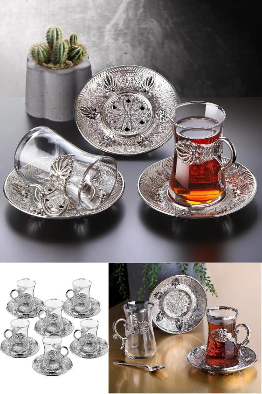 6 Kişilik Lüks 18 Parça Sefa Çay Seti Otantik Çay Bardağı Takımı Gümüş Renk
