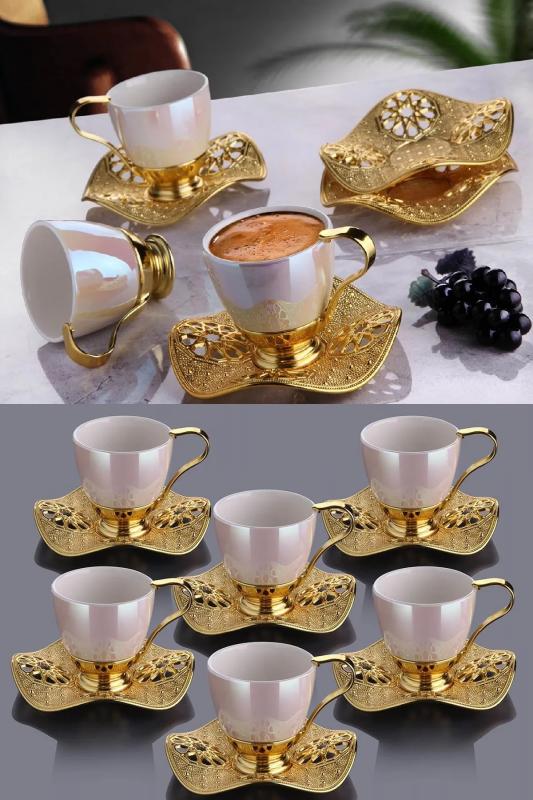 6 Kişilik Lüks Gold İnci Desenli Kahve Fincan Takımı Nisa Kahve Seti