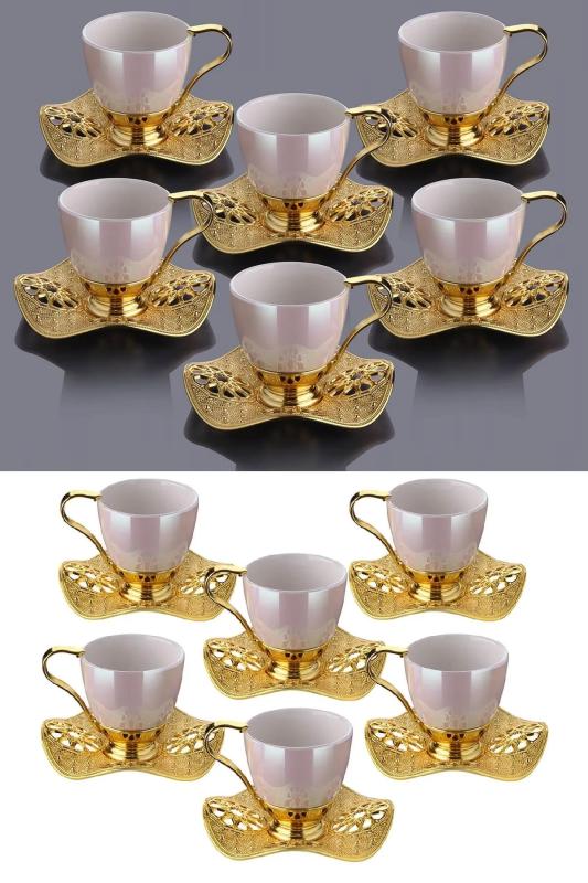 6 Kişilik Lüks Gold İnci Desenli Kahve Fincan Takımı Nisa Kahve Seti