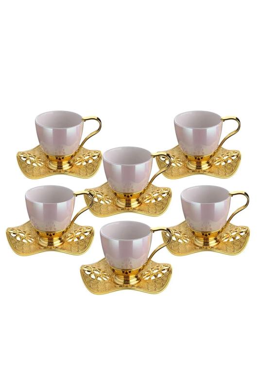 6 Kişilik Lüks Gold İnci Desenli Kahve Fincan Takımı Nisa Kahve Seti