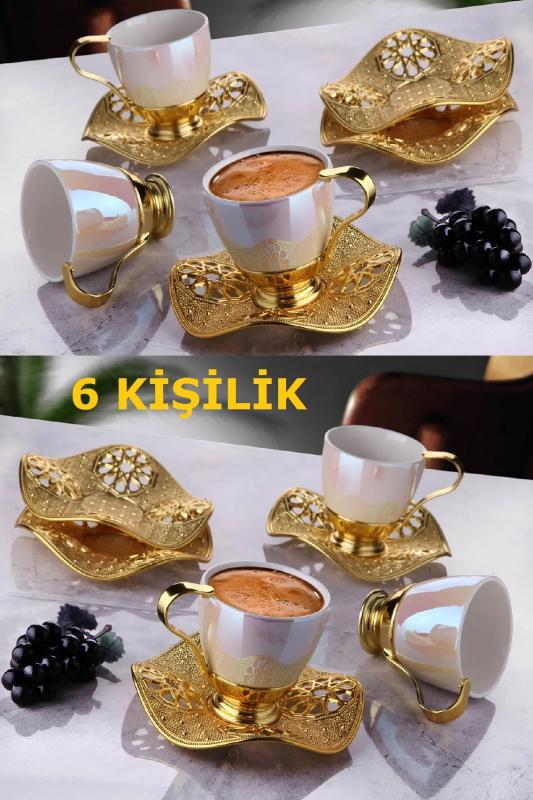 6 Kişilik Lüks Gold İnci Desenli Kahve Fincan Takımı Nisa Kahve Seti