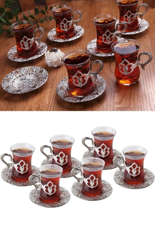6 Kişilik Lüks Harman Çay Seti Otantik Çay Bardağı Takımı Gümüş Renk