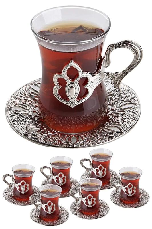 6 Kişilik Lüks Harman Çay Seti Otantik Çay Bardağı Takımı Gümüş Renk