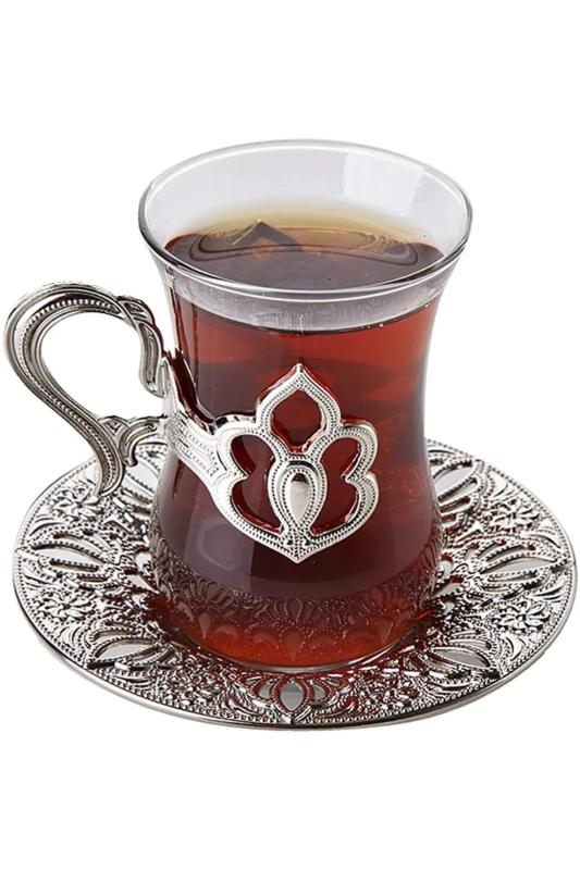 6 Kişilik Lüks Harman Çay Seti Otantik Çay Bardağı Takımı Gümüş Renk