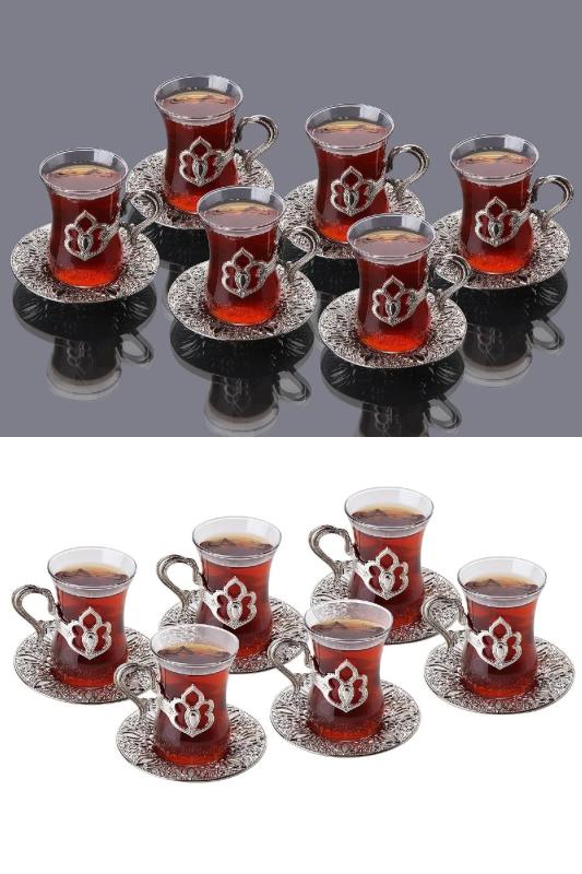 6 Kişilik Lüks Harman Çay Seti Otantik Çay Bardağı Takımı Gümüş Renk