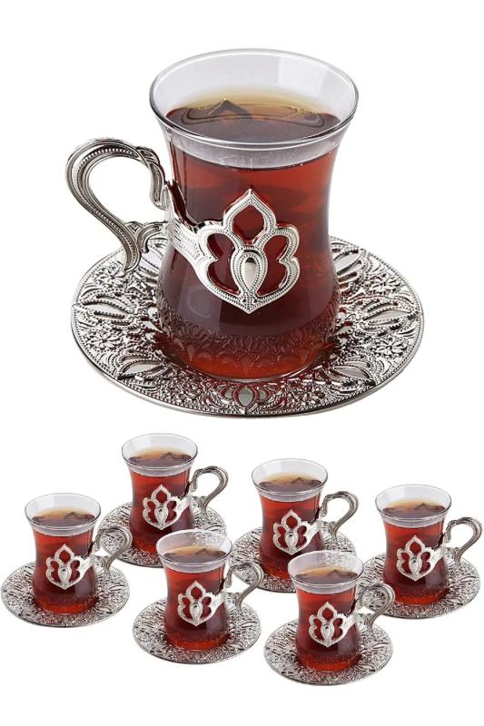 6 Kişilik Lüks Harman Çay Seti Otantik Çay Bardağı Takımı Gümüş Renk