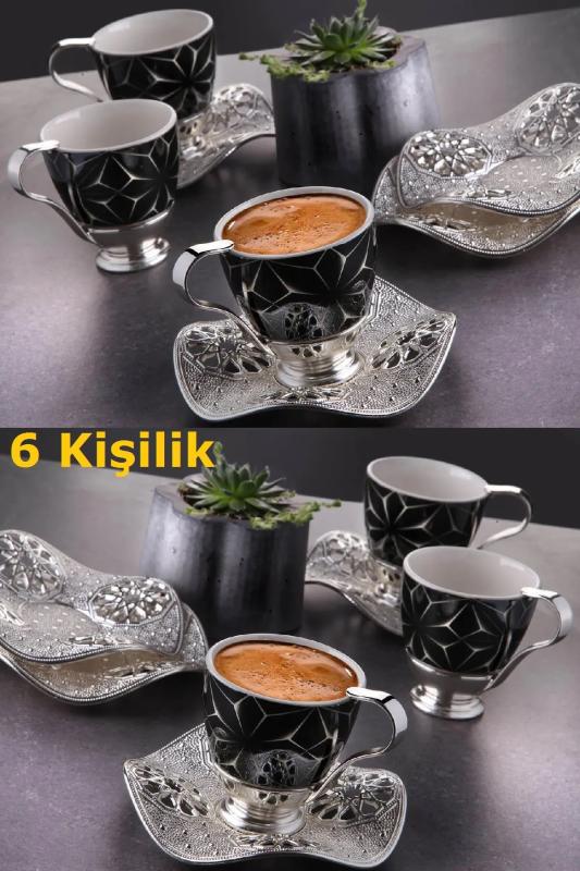 6 Kişilik Lüks Siyah Yıldız Desenli Gümüş Renk Kahve Fincan Takımı Nisa Kahve Seti