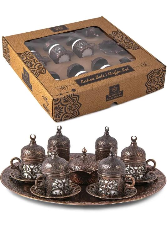 6 Kişilik Tam Takım Vintage Kahve Takımı Kahve Fincanı Seti Bakır Renk