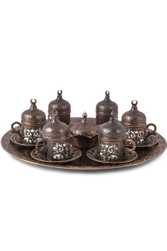 6 Kişilik Tam Takım Vintage Kahve Takımı Kahve Fincanı Seti Bakır Renk