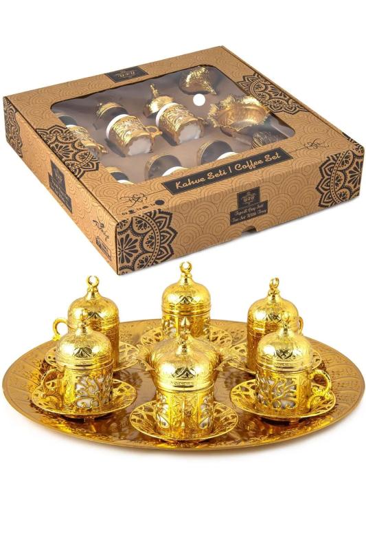 6 Kişilik Tam Takım Vintage Kahve Takımı Kahve Fincanı Seti Gold