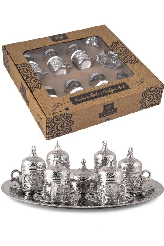 6 Kişilik Tam Takım Vintage Kahve Takımı Kahve Fincanı Seti Gümüş Renk