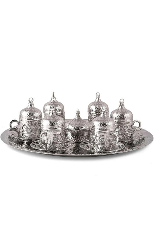 6 Kişilik Tam Takım Vintage Kahve Takımı Kahve Fincanı Seti Gümüş Renk