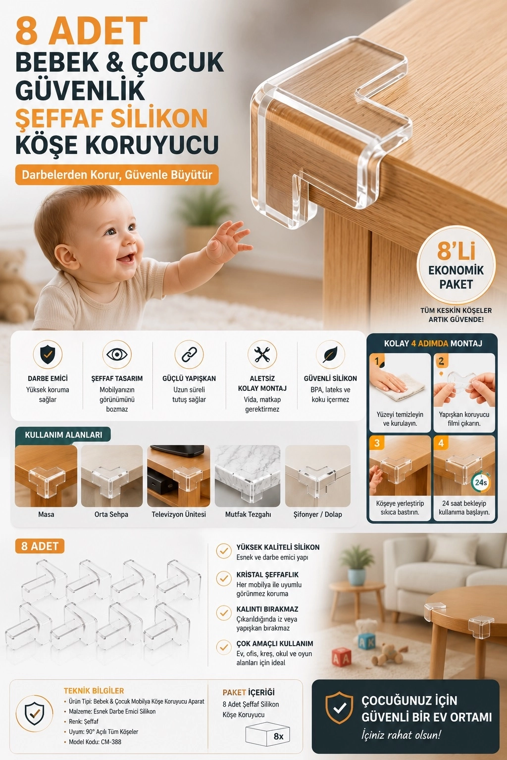 8 Adet Bebek Çocuk Güvenlik Şeffaf Silikon Köşe Koruyucu Darbe Emici Kenar Koruma Seti