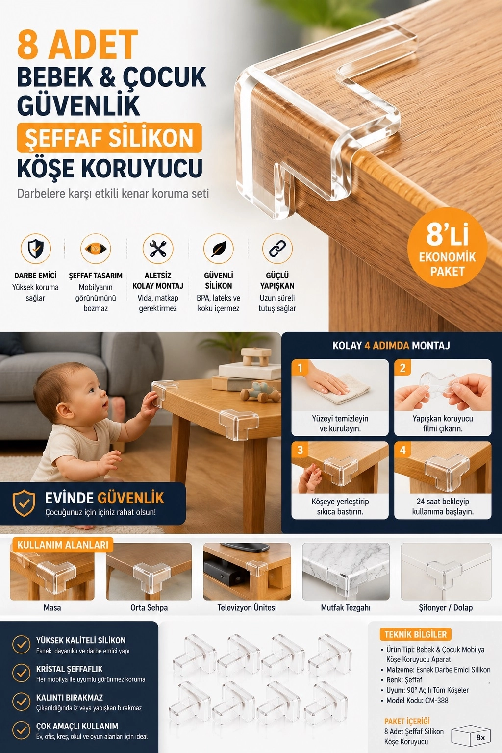 8 Adet Bebek Çocuk Güvenlik Şeffaf Silikon Köşe Koruyucu Darbe Emici Kenar Koruma Seti