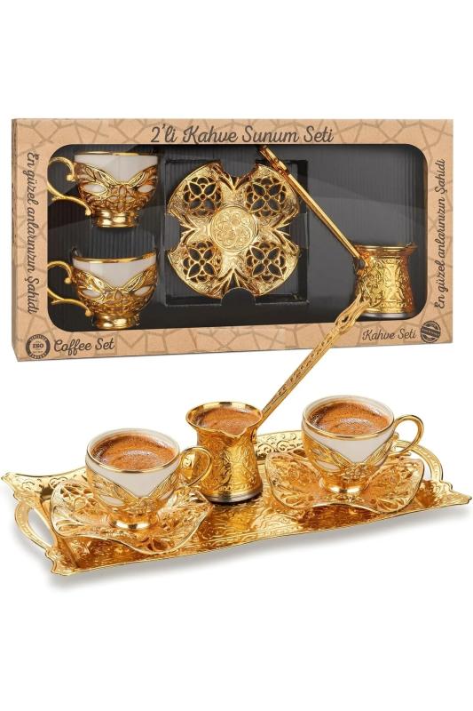 8 Parça 2 Kişilik Otantik Cezveli Kahve Seti Tepsili Kahve Takımı Lüks Kahve Sunumu Gold Fincan