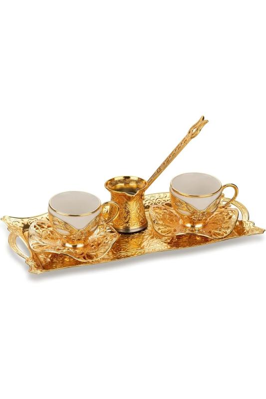 8 Parça 2 Kişilik Otantik Cezveli Kahve Seti Tepsili Kahve Takımı Lüks Kahve Sunumu Gold Fincan