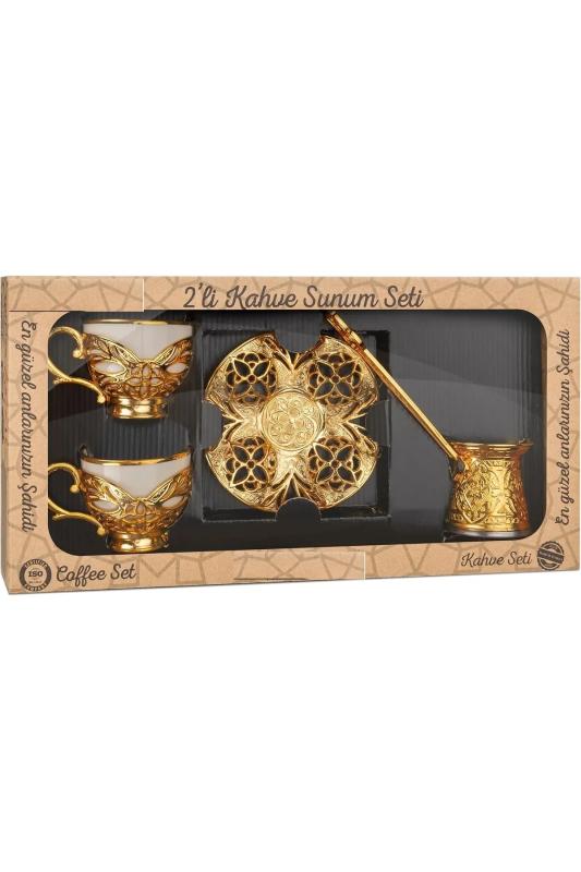 8 Parça 2 Kişilik Otantik Cezveli Kahve Seti Tepsili Kahve Takımı Lüks Kahve Sunumu Gold Fincan