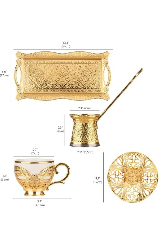 8 Parça 2 Kişilik Otantik Cezveli Kahve Seti Tepsili Kahve Takımı Lüks Kahve Sunumu Gold Fincan