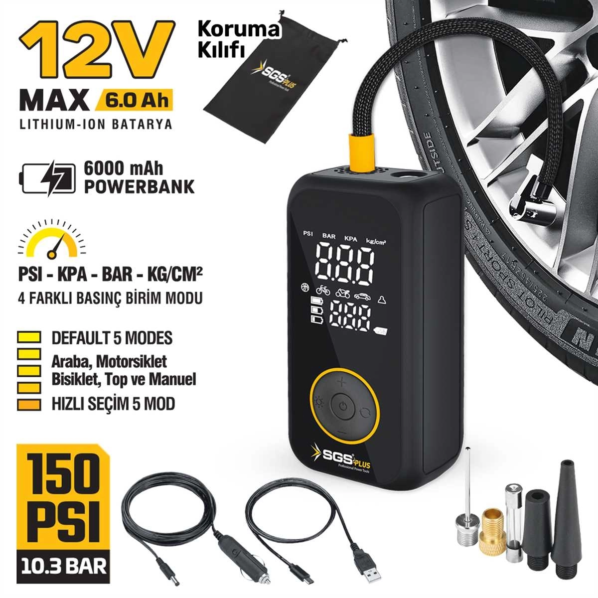 Biterse® SGS5398 Şarjlı Hava Kompresörü 12V 6.0Ah Dijital Ekranlı 150 PSI Powerbank Özellikli