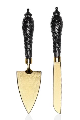 Biterse Lüks Spatula ve Bıçak Servis Sunum Seti Siyah Saplı Gold